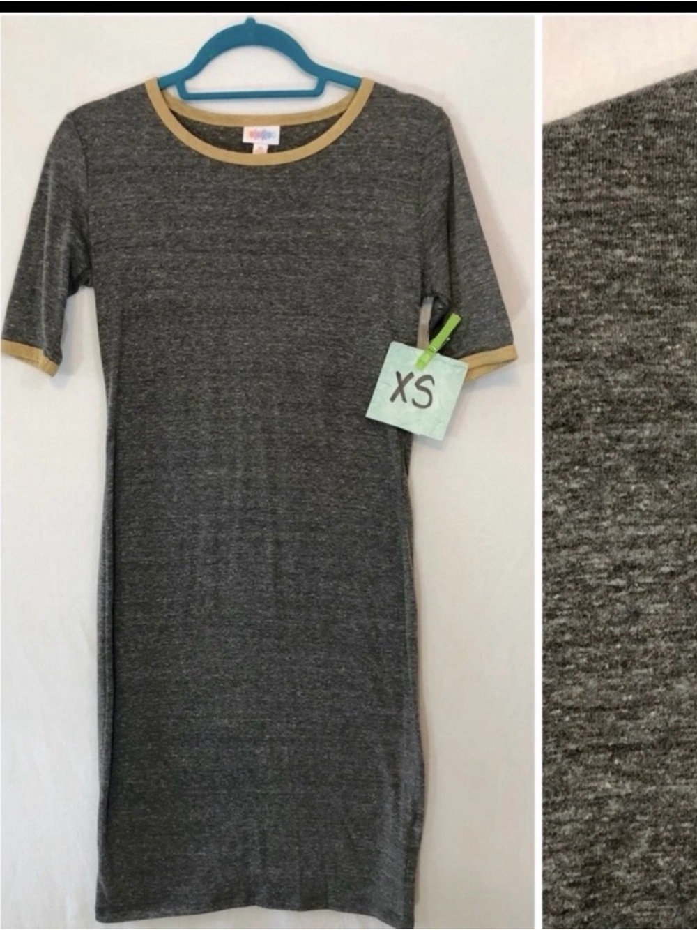 LuLaRoe Julia Heather Gray Mustard Yellow Ringer Sheath Dress XS NWT
